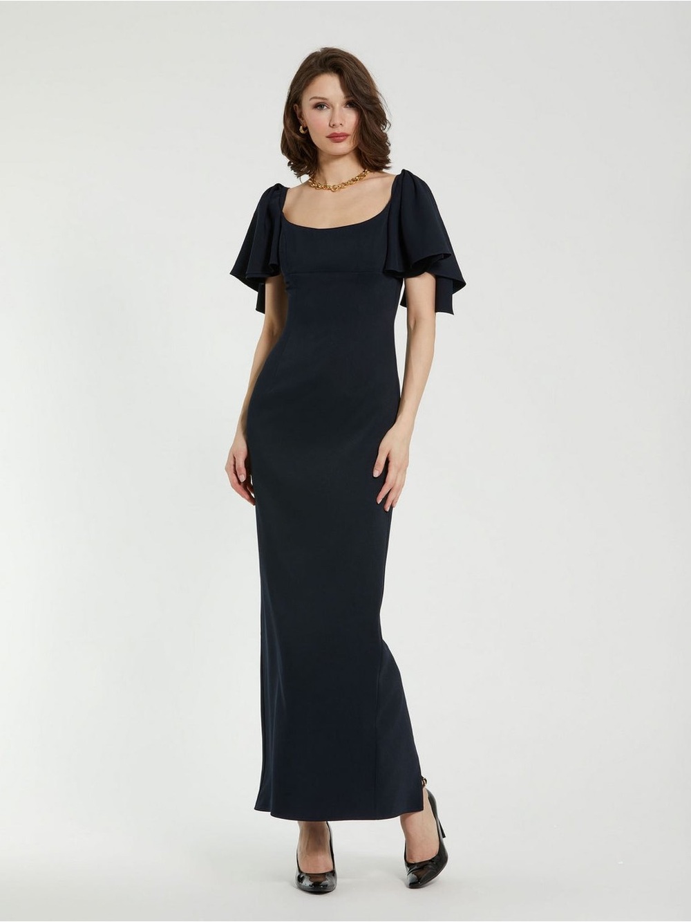 Mac Duggal Navy Crepe Fitted Column Dress With Short Ruffle Sleeves